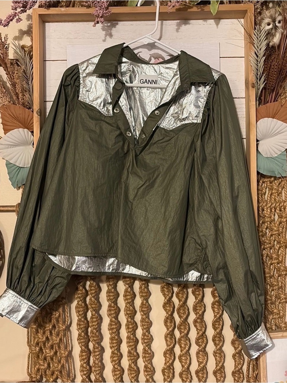 Ganni Olive Green with Silver Metallic Yoke Pullover